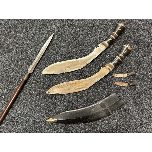 3299 - Indian weapons collection comprising of: Gurhka Kukri Knife with single edged blade 290mm in length,... 