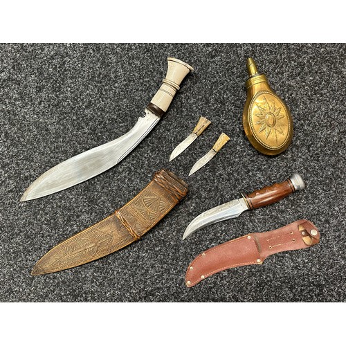 3306 - Kukri knife with single edged blade 285mm in length, Bone grip, overall length 385mm. Complete with ... 