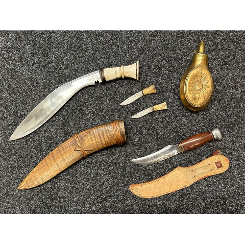 3306 - Kukri knife with single edged blade 285mm in length, Bone grip, overall length 385mm. Complete with ... 