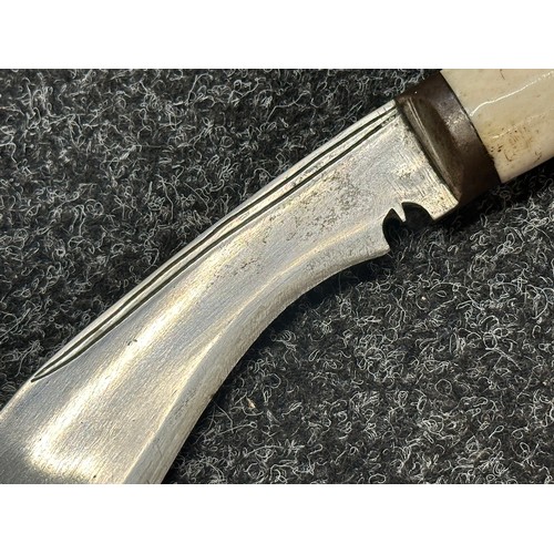 3306 - Kukri knife with single edged blade 285mm in length, Bone grip, overall length 385mm. Complete with ... 