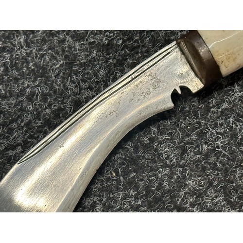 3306 - Kukri knife with single edged blade 285mm in length, Bone grip, overall length 385mm. Complete with ... 