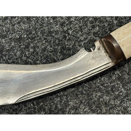 3306 - Kukri knife with single edged blade 285mm in length, Bone grip, overall length 385mm. Complete with ... 