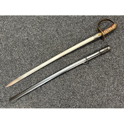 3307 - Sword with single edged fullered blade 907mm in length, marked 