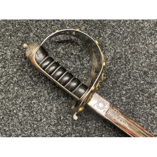 3311 - Reproduction Victorian British Officers Sword with  singled edged fullered plated and etched blade w... 