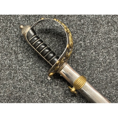 3311 - Reproduction Victorian British Officers Sword with  singled edged fullered plated and etched blade w... 