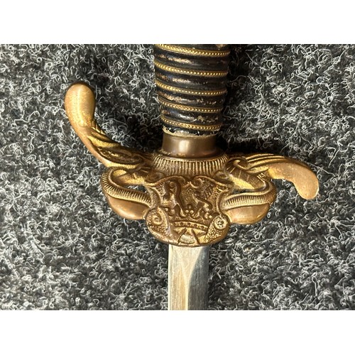 3315 - American Fraternal Sword with double edged blade with etched panel with owners name 