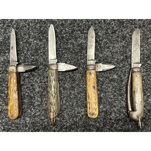 3327 - Collection of Pen Knives. Eight with Horn Grips and one RN Clasp Knife complete with lanyard and rin... 