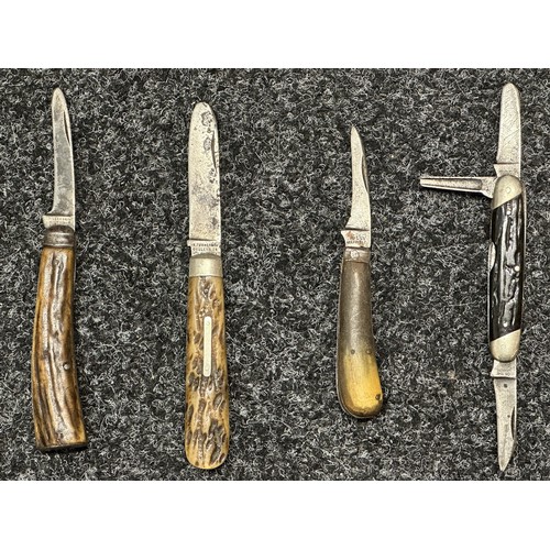 3327 - Collection of Pen Knives. Eight with Horn Grips and one RN Clasp Knife complete with lanyard and rin... 