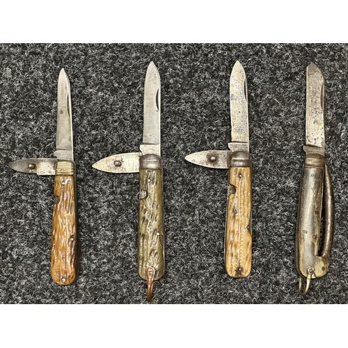 3327 - Collection of Pen Knives. Eight with Horn Grips and one RN Clasp Knife complete with lanyard and rin... 