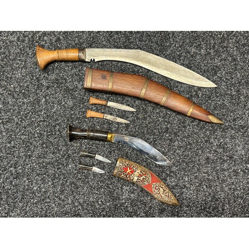 3328 - Pair of Gurhka Kukri Knifes: one with single edged blade 327mm in length, wooden grip, overall lengt... 