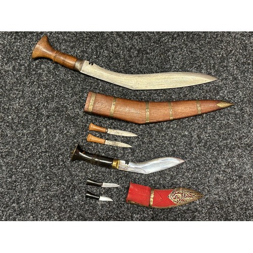 3328 - Pair of Gurhka Kukri Knifes: one with single edged blade 327mm in length, wooden grip, overall lengt... 