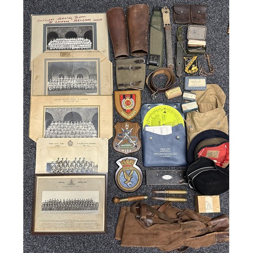 3340 - Box of mixed militaria, photos, gaiters, pouches, gun slips, plaques, 20mm INERT cannon shells, SLR ... 