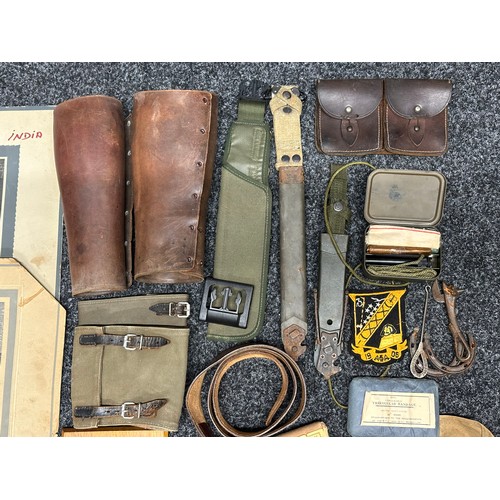 3340 - Box of mixed militaria, photos, gaiters, pouches, gun slips, plaques, 20mm INERT cannon shells, SLR ... 