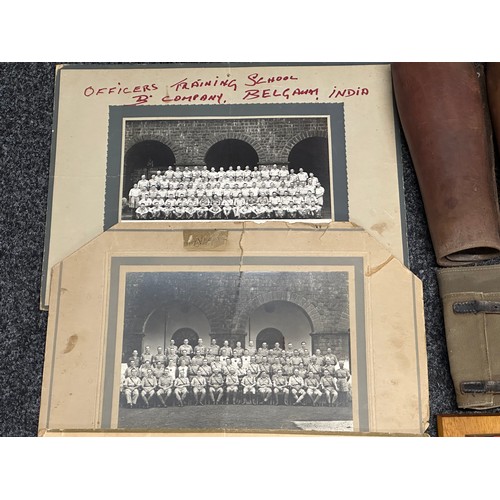 3340 - Box of mixed militaria, photos, gaiters, pouches, gun slips, plaques, 20mm INERT cannon shells, SLR ... 