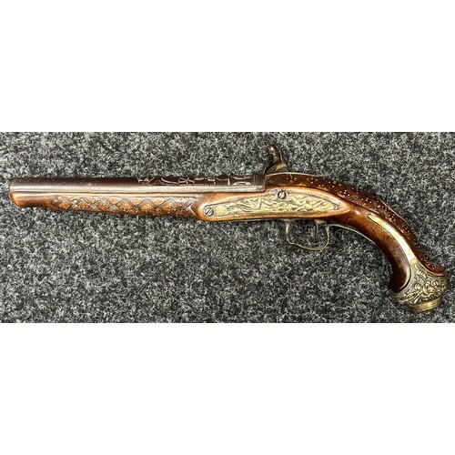 3355 - Flintlock pistol with 220mm long barrel with cast decoration. Bore approx. 17mm. Action not working.... 