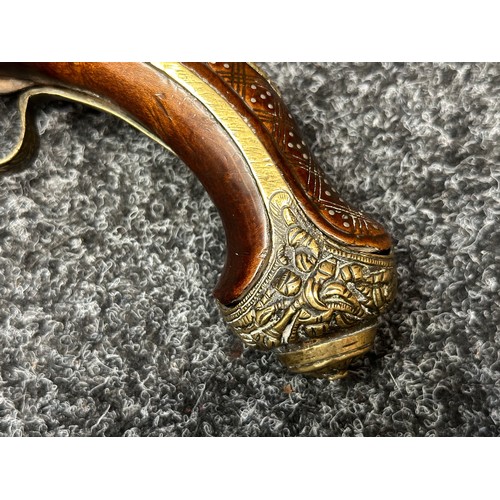 3355 - Flintlock pistol with 220mm long barrel with cast decoration. Bore approx. 17mm. Action not working.... 