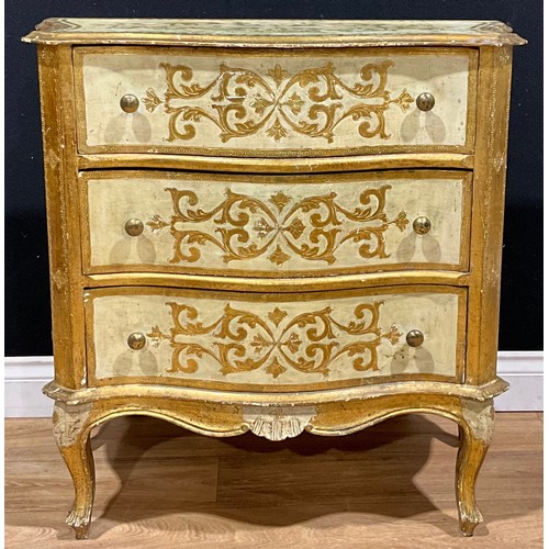 116 - A contemporary Italian Florentine design parcel-gilt serpentine commode or chest of three long drawe... 