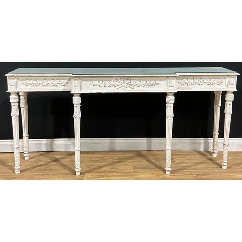 208 - A Louis XVI style painted pine break-centre side or serving table, 83cm high, 182cm wide, 41cm deep