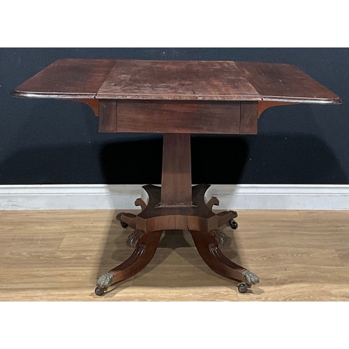 408 - A George IV mahogany pedestal Pembroke table, drawer to frieze, Regency sabre legs, c.1825