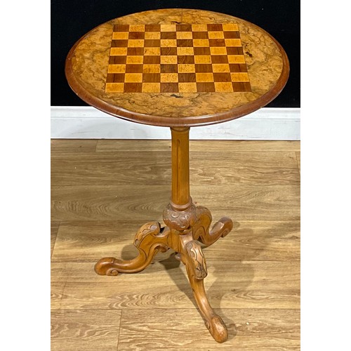 416 - A Victorian walnut tripod games table, circular top inlaid for chess, 72.5cm high, 49.5cm diameter