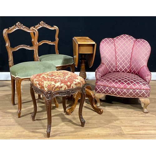 419 - A pair of French provincial design side chairs; an Art Deco period easy chair; a Victorian style dro... 