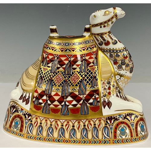 170 - A Royal Crown Derby paperweight, Camel, gold stopper,  18cm high, printed marks in red