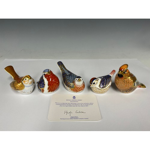 398 - A Royal Crown Derby paperweight, Waxwing, Sinclairs exclusive, gold stopper, certificate; others, Go... 