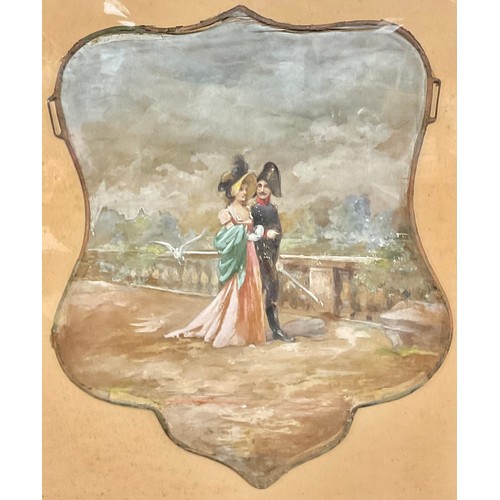 340 - A 19th century silk fan, painted with officer and his companion