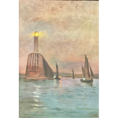 341 - A E White   
Fishing Boats at Dusk  
signed, dated 1914, oil