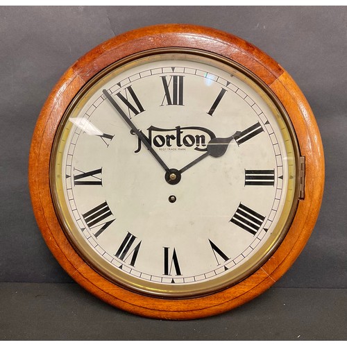 381 - Advertising - Automobilia - a mahogany circular wall timepiece, the painted clock dial inscribed Nor... 