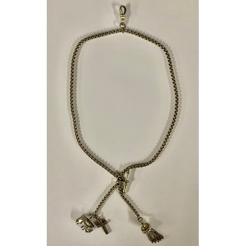 479 - A Victorian white metal Albertina chain, with elephant, tassel, and cross fobs, 28cm long15.7g gross