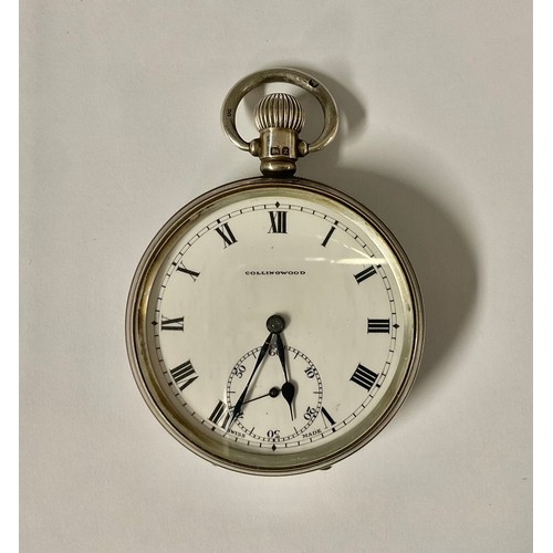 482 - A George V silver cased open face pocket watch, Roman numerals on enamel Collingwood dial, 4cm diame... 