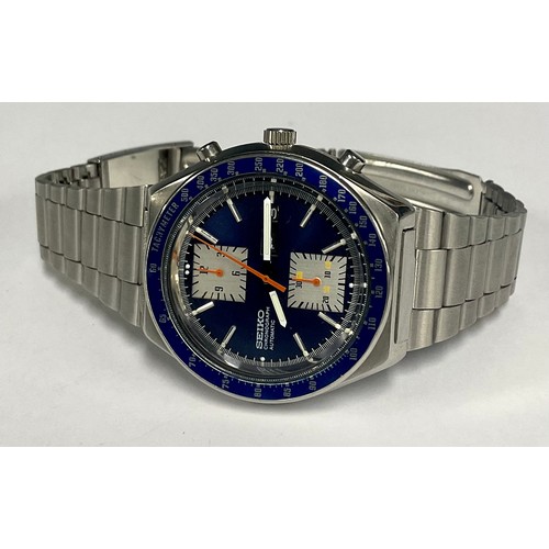 488 - A Seiko Kakumes square eyed citronograph, ref 6138-0030/781057, blue dial and silver subsidiaries, s... 