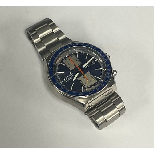 488 - A Seiko Kakumes square eyed citronograph, ref 6138-0030/781057, blue dial and silver subsidiaries, s... 