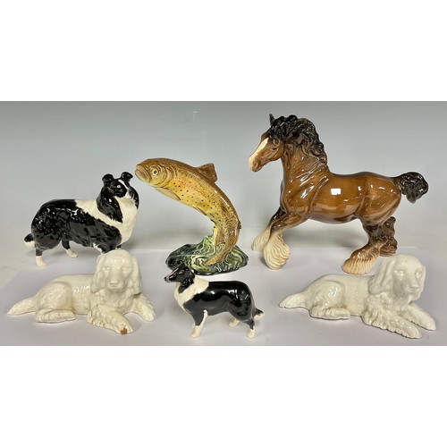 550 - A Beswick figure Border Collie, another smaller,  Leaping Trout, 1032, cantering shire Horsel  two C... 