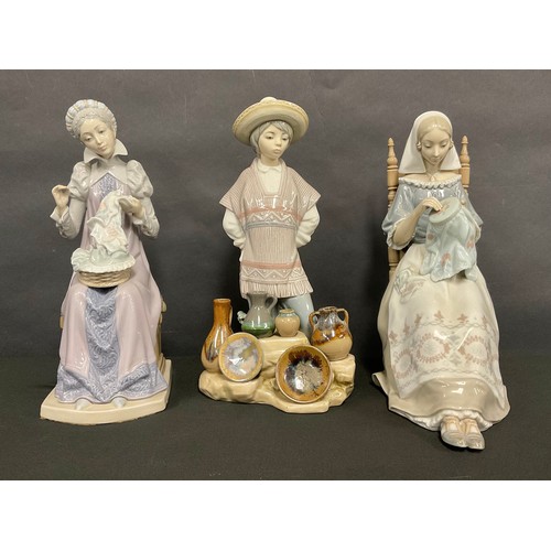 71 - Lladro figures - Mexican Pottery Seller, no 5080; others seated figure as an Embroidering Lady, 4865... 