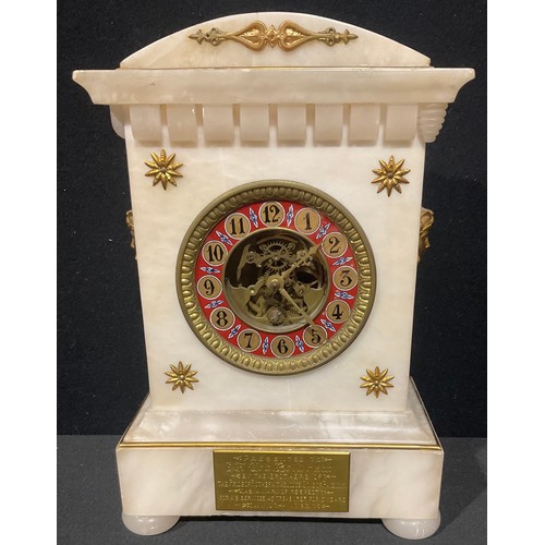 73 - A late 19th century gilt metal mounted alabaster mantel clock, Arabic numerals on 9.5cm cellular cha... 