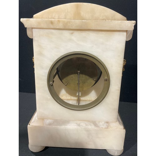 73 - A late 19th century gilt metal mounted alabaster mantel clock, Arabic numerals on 9.5cm cellular cha... 