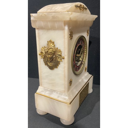 73 - A late 19th century gilt metal mounted alabaster mantel clock, Arabic numerals on 9.5cm cellular cha... 