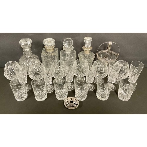 95 - Glassware - a silver mounted cut glass decanter, Sheffield hallmarks; another similar; other cut gla... 