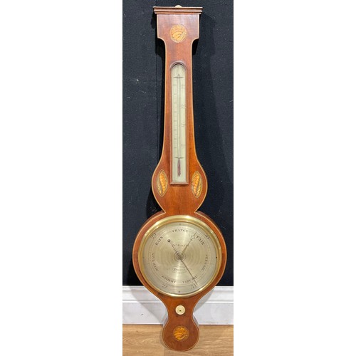 100 - A 19th century mahogany and marquetry, shell inlaid wheel barometer, by Gugeri, Boston, 94.5cm