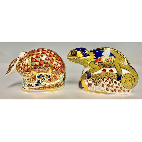 66 - A Royal Crown Derby paperweight, Armadillo, gold stopper, 11.5cm long, printed mark in red; another,... 