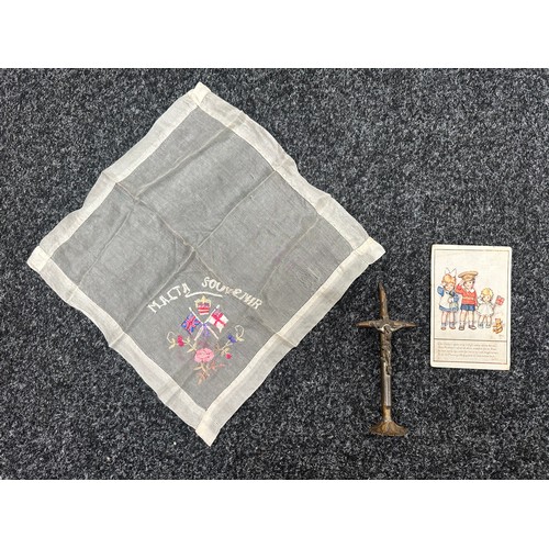 559 - WW1 British bullet crucifix; a silk handkerchief; a WWI postcard (3)