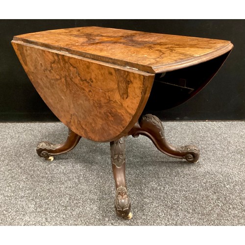 101 - A Victorian Burr Walnut and walnut drop-leaf pedestal centre table, the oval top with moulded edge, ... 