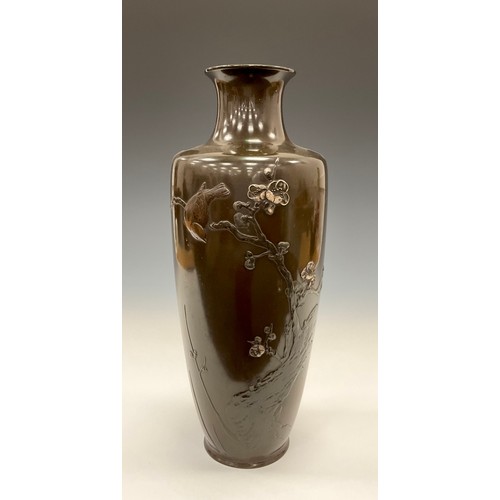 105 - A Meiji period bronze baluster vase, decorated in relief with sparrows amongst blossoming prunus, wi... 