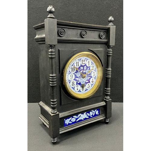 111 - An Arts-and-Crafts/Aesthetic Movement mantel clock, circular blue and white floral enamelled dial, b... 