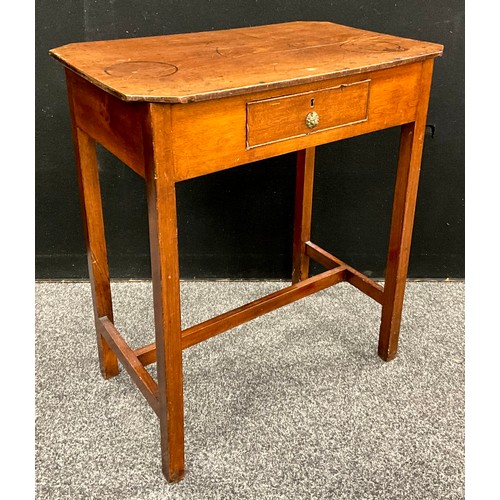 116 - A small 19th century mahogany side table, canted rectangular top, above a small drawer to frieze, sq... 