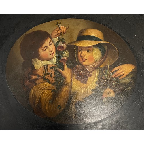 124 - A large oval toleware tray, decorated with figures, Grapes, Apples, Roses and foliage, 65cm x 52cm