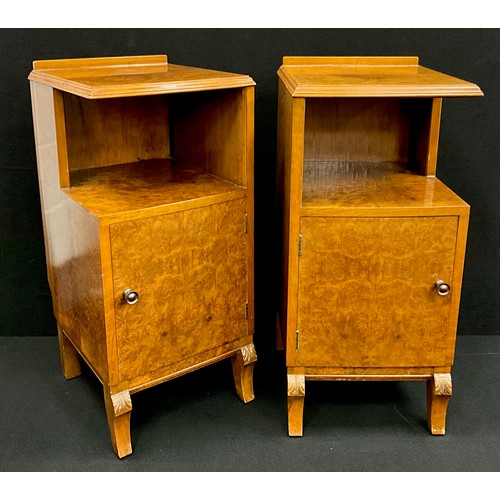 129 - A pair of Art Deco style burr walnut bedside cabinets, 71.5cm high x 33.5cm wide x 36cm deep, (2).