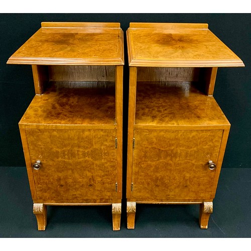 129 - A pair of Art Deco style burr walnut bedside cabinets, 71.5cm high x 33.5cm wide x 36cm deep, (2).